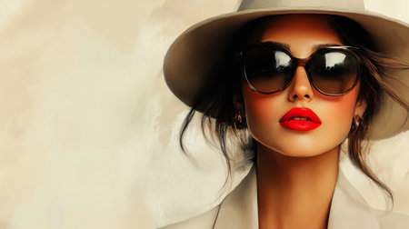 Young woman with glasses and a headband strikes a confident pose against a bright yellow background. Her makeup enhances her features, creating an elegant and bold look.の素材