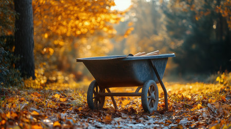 A wheelbarrow stands on a muddy path winding through a verdant forest. Sunlight filters through the trees, illuminating the vibrant plants and flowers along the way.の素材