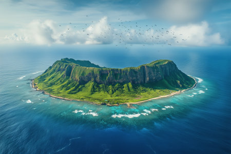 An aerial perspective showcases a lush, green island encircled by shimmering turquoise waters and soft white sand, creating a serene and picturesque tropical paradise.の素材