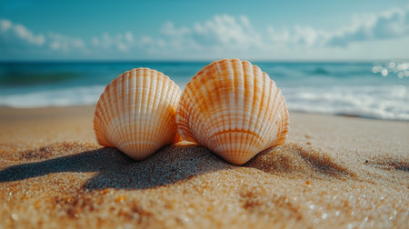 Beautiful shells lie on white sand beach as the sun sets over the horizon, casting warm colors across the sky and reflecting off gentle ocean waves, creating a peaceful atmosphere.の素材