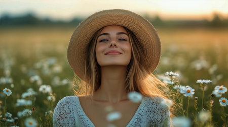 A woman with curly hair stands in a vibrant field of yellow flowers, eyes closed and smiling blissfully, embracing the warmth of a sunny day surrounded by nature.の素材
