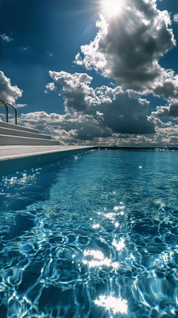 Sunlight sparkles on the clear water of an infinity pool, creating a serene atmosphere by the ocean. Bright clouds enhance the calm surroundings in this stunning location.の素材