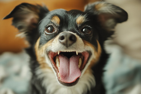 A border collie exhibits a wide yawn, revealing its teeth and tongue. The dark background highlights the dogs excited demeanor and vibrant fur.の素材