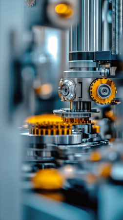 A close-up view of a machining operation, showing metal parts being shaped with precision tools in a well-lit manufacturing environment during daylight hours.の素材