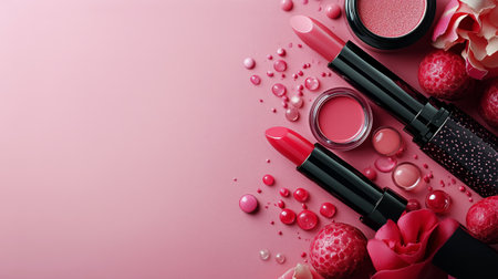 Vibrant lipsticks and a lip gloss are surrounded by colorful candies and flowers on a soft pink backdrop, creating a playful and artistic display perfect for beauty lovers.の素材