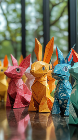 Various origami rabbits in vibrant colors are arranged neatly on a wooden table. Natural light illuminates the indoor space, enhancing the intricate paper designs.の素材