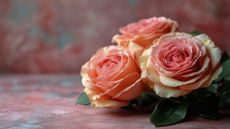 Five vibrant pink roses are adorned with droplets of dew, surrounded by green leaves in a tranquil garden early in the morning, creating a peaceful atmosphere.の素材