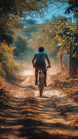 A person is cycling down a dusty path surrounded by greenery and trees under clear skies. Sunlight filters through, enhancing the tranquil outdoor atmosphere during daytime.の素材