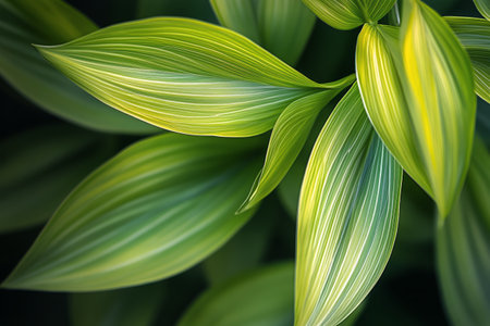 Vibrant green leaves are arranged gracefully, displaying intricate patterns and textures illuminated by natural light. This lush foliage creates a calming, serene atmosphere.の素材