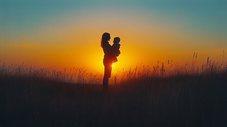 A mother embraces her child as they enjoy a serene sunset in a grassy field. The warm colors of the sky create a peaceful atmosphere during the late evening.の素材