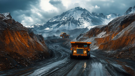 A large excavator operates in a quarry at sunset, surrounded by rocky terrain and a vibrant sky. The sun illuminates the mountains in the distance, creating a stunning backdrop.の素材