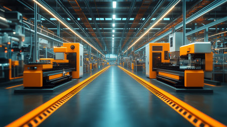 A conveyor system stretches through a high-tech manufacturing facility, illuminated by bright lights. Machinery aligns along the sides, emphasizing advanced industrial technology.の素材