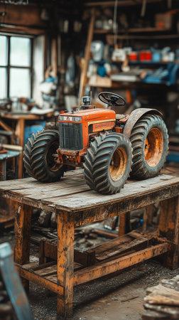 A vintage tractor sits prominently on a weathered wooden table in a cluttered workshop.の素材
