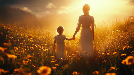 A woman holds hands with a child as they walk through a colorful flower field at sunset. The golden hues create a magical atmosphere around them, enhancing the moment.の素材