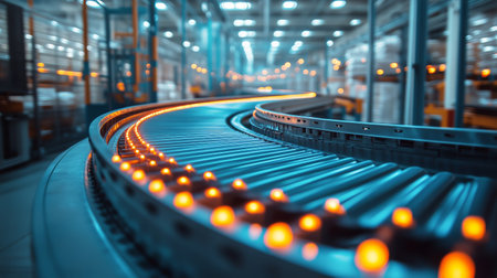 A conveyor belt winds through a modern warehouse, showcasing illuminated rollers on a sleek system designed for efficient product transport and logistics.の素材