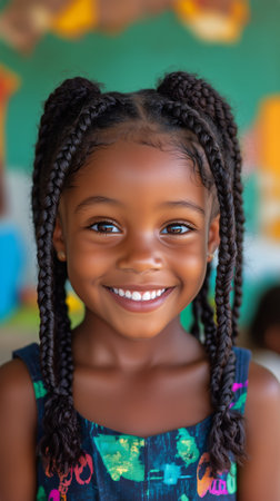 A cheerful girl with braided hair is smiling warmly in a vibrant classroom setting. Colorful decorations enhance the joyful atmosphere, showing a lively educational environment.の素材