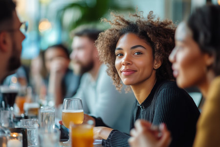 A young woman with curly hair sits at a busy cafe, smiling and engaging in conversation with friends around her. The atmosphere is vibrant and relaxed, with drinks on the table.の素材