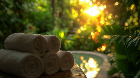 Soft rolled towels rest on a wooden surface beside flickering candles and a flower arrangement, creating a tranquil spa atmosphere at sunset near a pool.の素材