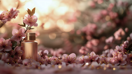 A delicate bottle sits among vibrant cherry blossoms, creating a serene atmosphere with soft light filtering through. This tranquil setting captures the essence of spring.の素材