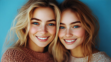 A joyful moment between a mother and her young daughter, both with curly hair, smiling brightly while enjoying a sunny day outdoors in a natural setting.の素材