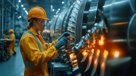 A skilled engineer in safety gear checks machinery controls while surrounded by sophisticated industrial equipment in a bright facility.の素材