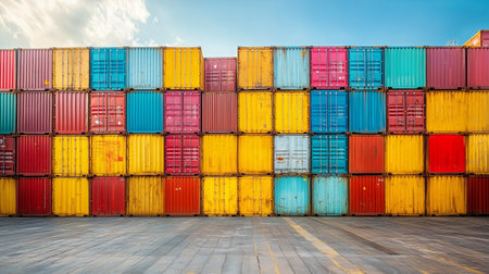 Brightly colored shipping containers are stacked together in a transport yard under a clear blue sky during the afternoon. The vibrant hues create an eye-catching visual display.の素材