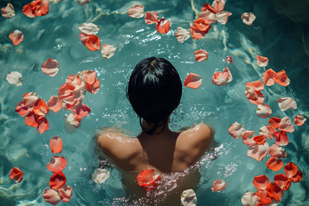 A person is enjoying a peaceful moment in a pool filled with floating flower petals. Sunlight creates a calming atmosphere, enhancing the sense of relaxation and tranquility.の素材