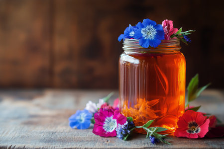 A jar filled with vibrant flowers sits on a rustic wooden table. The cheerful arrangement brightens the cozy cafe atmosphere, inviting customers to relax and enjoy.の素材