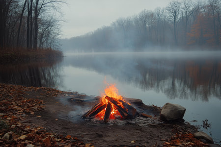 A cozy campfire crackles in a tranquil forest setting during twilight, illuminating a tent and surrounding trees. Peaceful outdoor moments invite relaxation in nature.の素材