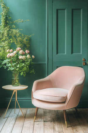 Soft pink chair next to a small round table adorned with a lush floral arrangement in a vibrant green room, creating a warm and inviting atmosphere.の素材