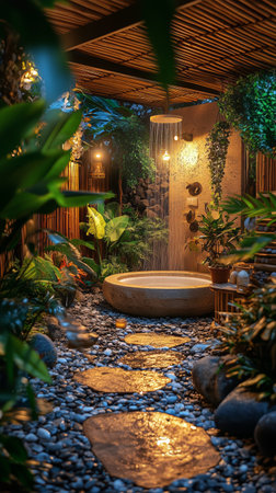 A tranquil outdoor shower area features a round stone basin and soft lighting under a rustic wooden roof, surrounded by vibrant plants and stones at dusk, creating a peaceful ambiance.の素材