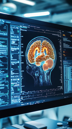A detailed brain scan is shown on a computer screen in a research laboratory. The vibrant colors highlight different brain regions. Researchers analyze data to study brain activity.の素材