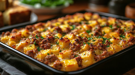 A hearty casserole filled with ground meat, cheese, and golden potatoes is freshly baked, perfect for a comforting family meal during a cozy evening.の素材