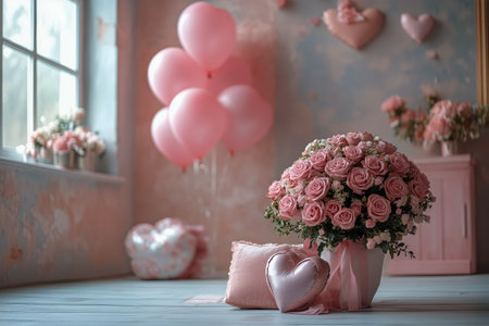 A cozy room is adorned with a variety of pink roses, balloons, and gifts, creating a cheerful and festive atmosphere perfect for any celebration or gathering.の素材