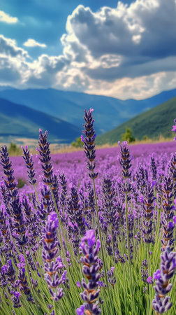 Vibrant lavender flowers stretch across a vast field beneath a sunny sky filled with fluffy clouds and distant mountains, showing natural beauty during the day.の素材