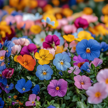 A colorful display of tulips in shades of pink and yellow stands out among clusters of wildflowers in a sunlit park during springtime. Nature thrives in vivid beauty.の素材