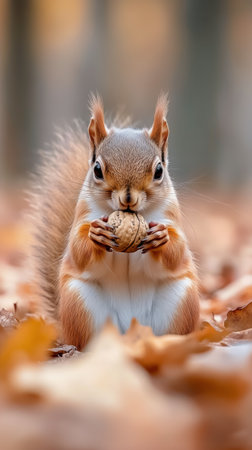 A squirrel grips a walnut in its paws while surrounded by colorful autumn leaves in a peaceful forest setting. The scene captures natures tranquility and wildlife.の素材