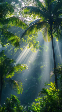 In the early morning, sunlight streams through tall palm trees in a dense rainforest, creating a magical atmosphere with beams of light dancing among the greenery.の素材