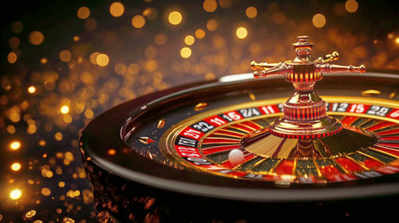 Stacks of vibrant casino chips rest on a shiny table covered in sequins, glowing lights twinkle in the background, creating an atmosphere of excitement and anticipation.の素材