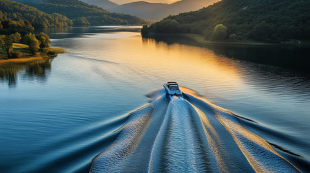 A boat glides through calm waters at sunset, leaving trails behind. The mountains create a peaceful backdrop, enhancing the tranquil atmosphere of the moment.の素材