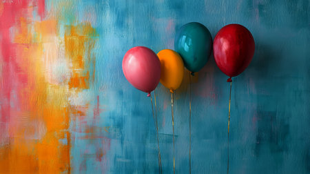 Vibrant balloons in pink, yellow, teal, and red are displayed against a textured blue and orange backdrop, creating a cheerful and festive atmosphere perfect for any celebration.の素材