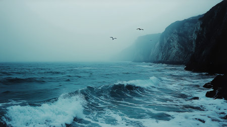 Waves crash against rugged cliffs along a misty coastline at dawn. Seagulls glide through the fog, adding to the tranquil yet dramatic atmosphere of the scene.の素材