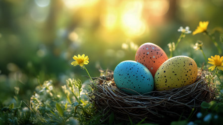 Four vibrant speckled eggs lie in a woven nest surrounded by blooming wildflowers on a sunny spring day, creating a peaceful and cheerful atmosphere in nature.の素材