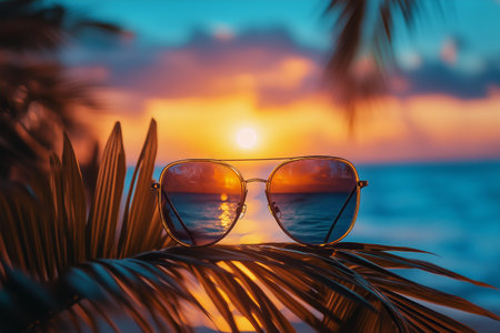 A stunning sunset casts vibrant colors over the ocean, with reflections visible in stylish sunglasses resting on tropical leaves. The tranquil atmosphere enhances the serene beauty.の素材