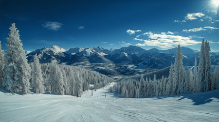 Beautiful ski lift transports winter enthusiasts through snow-laden trees as the sun sets behind the mountains, creating a picturesque winter landscape.の素材