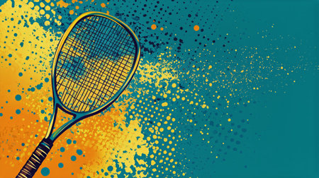 A tennis racket is prominently displayed with a colorful abstract background of blue, orange, and yellow splatters, creating a dynamic and energetic feel.の素材