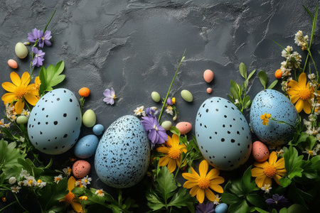 Blue speckled eggs are arranged with pastel-colored candies and vibrant flowers on a gray textured surface, creating a festive Easter display ideal for spring celebrations.の素材