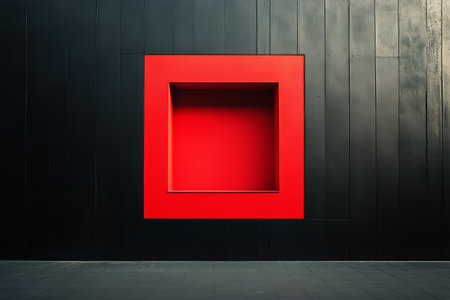 A sleek black pedestal supports a geometric black box, surrounded by bold red and dark walls, creating a striking contrast in the gallery, inviting curiosity and exploration.の素材