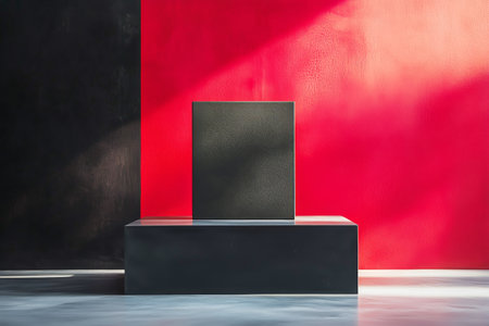 A sleek black pedestal supports a geometric black box, surrounded by bold red and dark walls, creating a striking contrast in the gallery, inviting curiosity and exploration.の素材