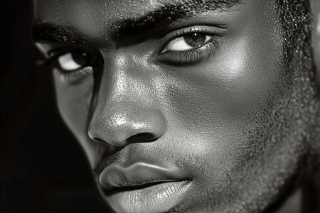 A close-up view of an individual showing intense eyes and pronounced freckles. The monochrome effect enhances facial features and creates a dramatic atmosphere.の素材